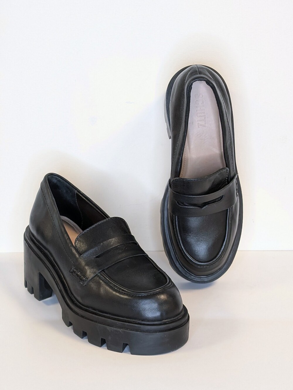 SCHUTZ Christie Black Leather Chunky Lug Platform Loafers 6.5B - Picture 4 of 15